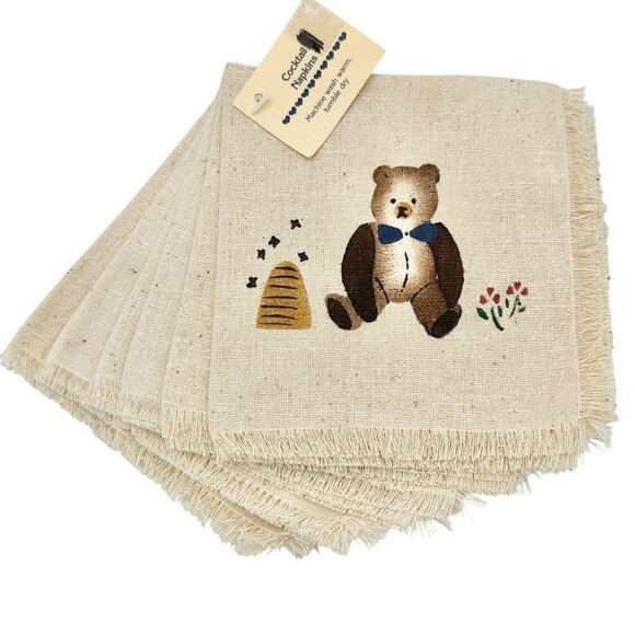 Handcrafted Alices Country Cottage Teddy Bear Cocktail Napkins Set Of 6 12 x 12 - Picture 1 of 4